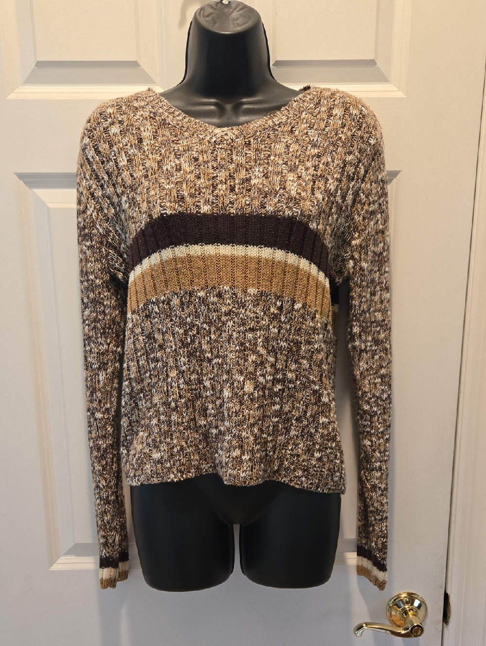 Vintage 90’s Sweater M V-neck Marled Knit Long Sleeve Cropped Striped Neutral